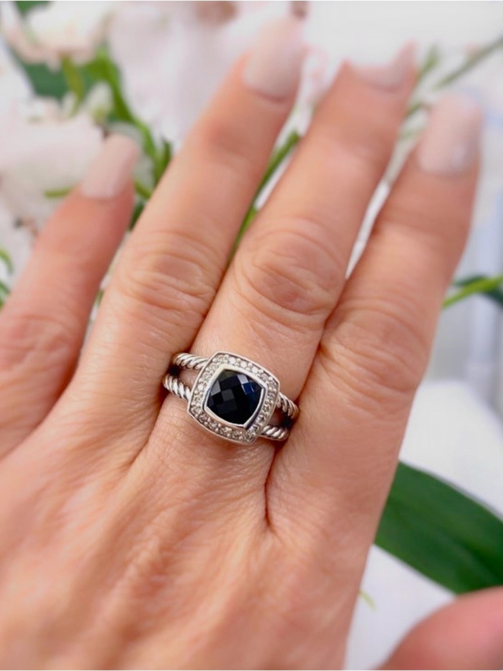 David Yurman Petite Albion Ring with Semi-Precious Black Onyx Stone & Diamonds.